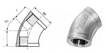CODO ROSCADO 45 HEMBRA ACERO INOXIDABLE AISI 316 FIG.120